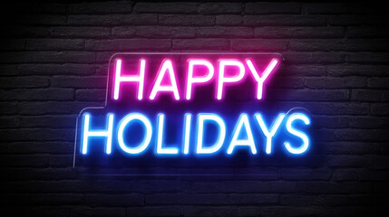 Bright neon Happy Holidays sign in pink and blue glowing against a dark brick background