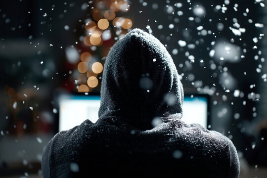 hacker infront of christmas scene with snowflakes, dark mood