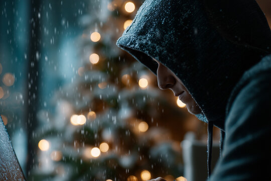 hacker infront of christmas scene with snowflakes, dark mood