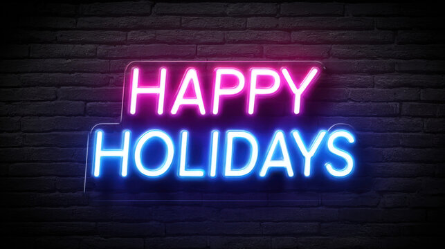 Bright neon Happy Holidays sign in pink and blue glowing against a dark brick background - Powered by Adobe