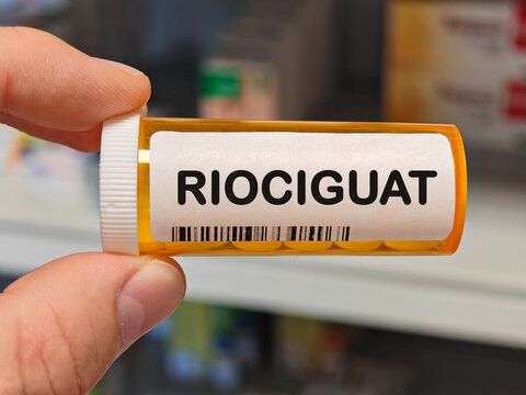 Box of RIOCIGUAT tablets on a hospital pharmacy table used to treat pulmonary hypertension a soluble guanylate cyclase stimulator.