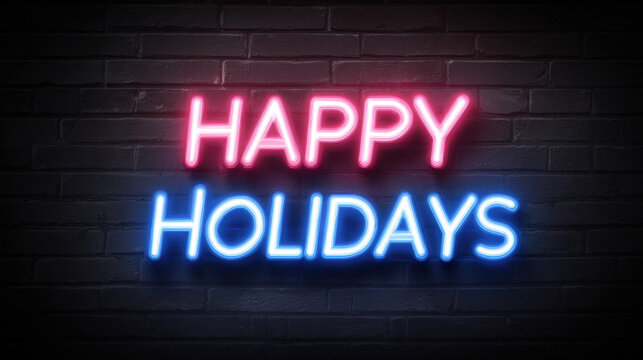 Happy holidays neon sign in pink and blue lighting against a dark brick wall conveying a festive vibrant mood