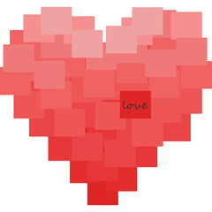 Heart Shape Composed of Numerous Red and Pink Square Sticky Notes With One Note Featuring the Word Love Handwritten in Script on a Transparent Background