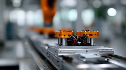 Cutting-edge electric vehicle battery production line inside a high-tech smart factory. Multiple robotic orange industrial arms perform synchronized precision assembly on an open E
