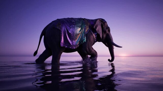 Majestic Indian Elephant Walking Through Calm Waters at Sunset with Glittering Decorations and Vibrant Colors