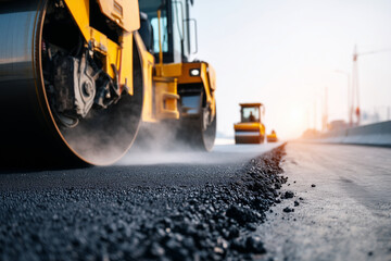 Freshly laid asphalt steaming under warm sunlight, roadwork progress concept, with copy space