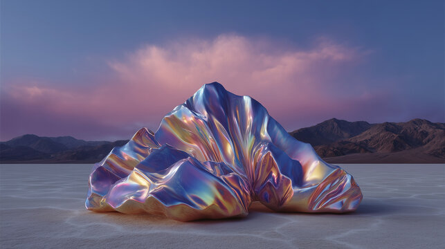 Surreal shiny metallic cactus standing in a desert landscape at sunset, iridescent reflective surface with rainbow colors, soft pink and purple sky, smooth rounded shapes, dreamlik