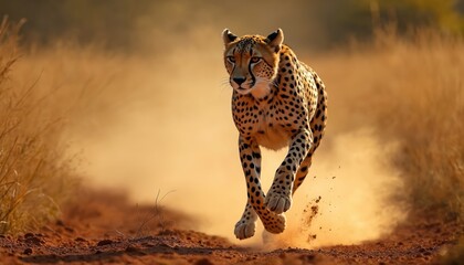Cheetah runs across savanna. A fast spotted cat moves at speed. Animal wildlife in natural habitat during sunny day. African predator hunts in the wild.