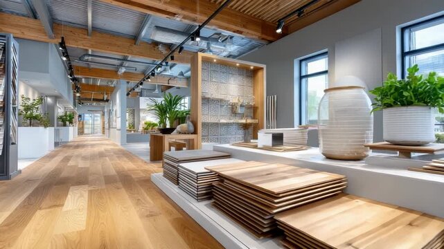 Interior of a spacious showroom displaying a variety of flooring options for home renovations, from hardwood laminate samples and parquet planks to decorative ceramic tiles