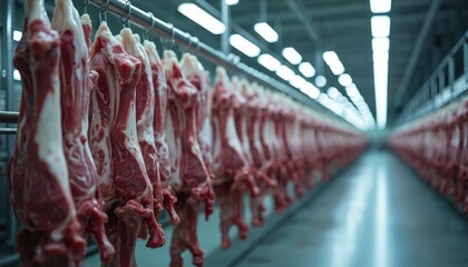 Rows of raw meat carcasses hang from hooks in huge, cold processing plant. Industrial facility handles food production, butchering, storage. Fresh beef, lamb, pork readied for retail sale to