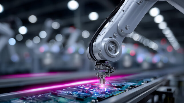Ultra-detailed futuristic manufacturing scene with a robotic arm assembling a smartphone on a high-tech production line; the robotic arm is positioned in the left-center of the fra
