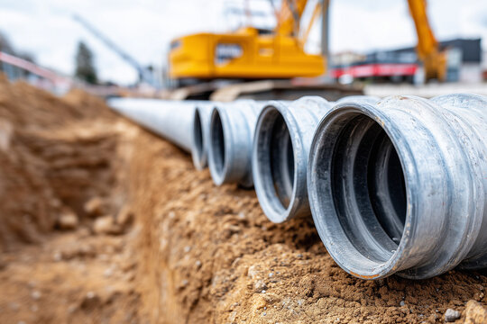 Installation of drainage pipes beneath future roadway, civil engineering detail shot, with copy space