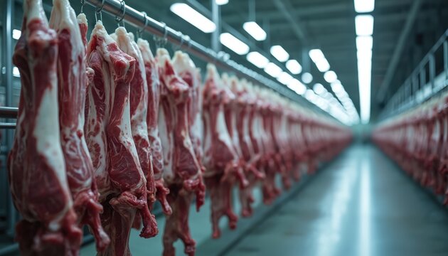 Rows of raw meat carcasses hang from hooks in huge, cold processing plant. Industrial facility handles food production, butchering, storage. Fresh beef, lamb, pork readied for retail sale to