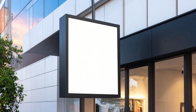 Rectangular illuminated store sign mockup on modern building exterior with glass windows. White sign with blank space for text. Ideal for branding, retail identity, and urban storefront design.