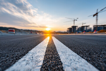 Sunset light illuminating unfinished highway lanes, long-term road project concept, with copy space