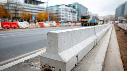Fototapeta premium Concrete barriers lining a partially completed road, infrastructure safety concept, with copy space