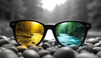 Eyeglasses rest on grey pebbles. Outside view of forest monochrome. Through lenses, vibrant colorful nature appears. One lens shows golden yellow light, river. Lens green trees, blue flowing water.