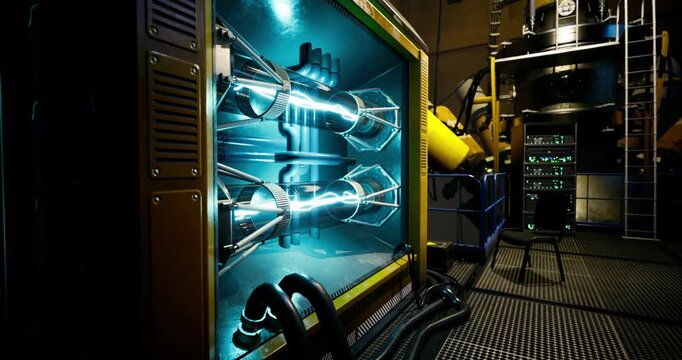 High tech equipment illuminates a laboratory, highlighting intricate machinery and glowing components. Scientists may be working on groundbreaking energy solutions.