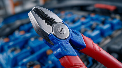 Ultra-detailed macro close-up of a car batteryâs positive terminal on a worn blue battery casing; the embossed "+" symbol is prominently visible on the textured plastic surface wit