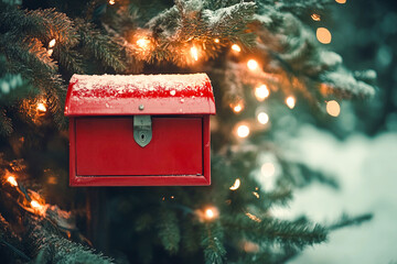 Festive red mailbox on a snowy Christmas tree with twinkling lights. A charming holiday scene featuring a vintage red mailbox nestled among evergreen branches glowing lights This is AI-generated item.