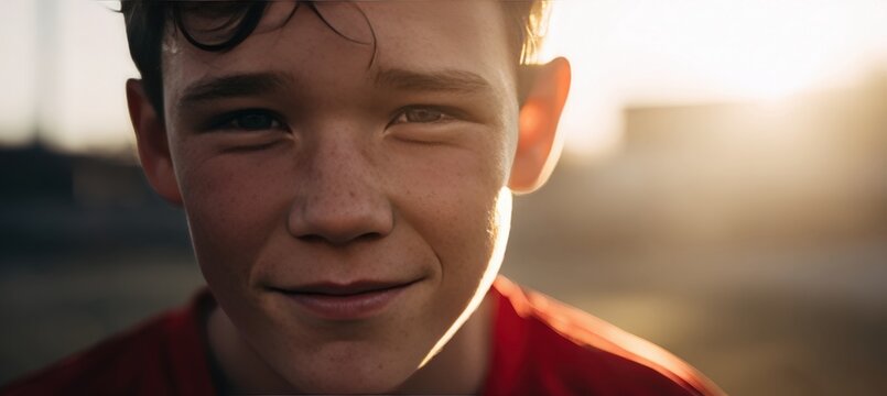 Close-Up Portrait of Smiling Young Soccer Player in Sunlit Red Jersey