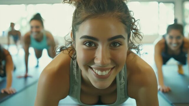 A young woman smiling and looking at the camera during a fitness class. She is wearing a sports bra and athletic shorts. Her hair is pulled back into a ponytail.