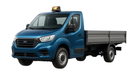 Drop-side truck with removable side panels and roof-mounted light.