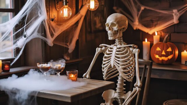Cinematic Halloween Caf&eacute; Video with Skeleton, Jack-O&rsquo;-Lantern, and Smoky Cocktails in Amber Lighting