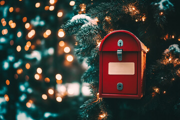 Festive red mailbox on a snowy Christmas tree with twinkling lights. A charming holiday scene featuring a vintage red mailbox nestled among evergreen branches glowing lights This is AI-generated item.