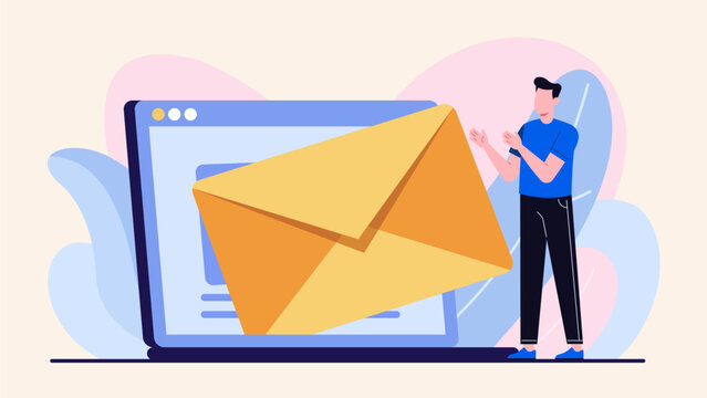 Person Receiving Promotional Email from Giant Computer &ndash; Flat Pastel Illustration