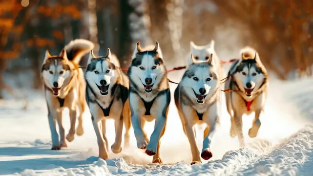 Snowy landscape with team of husky dogs pulling sled