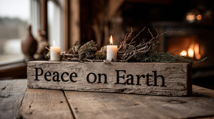 Rustic peace on earth wooden sign with lit candles and natural greenery creating a cozy festive atmosphere