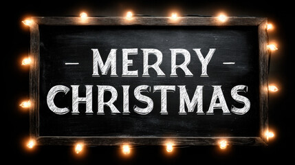 Chalkboard merry christmas sign with glowing string lights around a rustic wooden frame