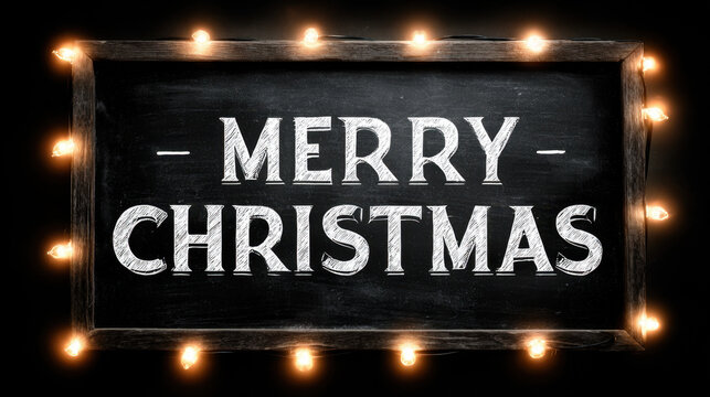 Chalkboard merry christmas sign with glowing string lights around a rustic wooden frame - Powered by Adobe