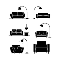 Silhouetted furniture arrangement showcasing sofas, armchairs, and lamps in a minimalist living room, creating a modern and stylish ambiance.