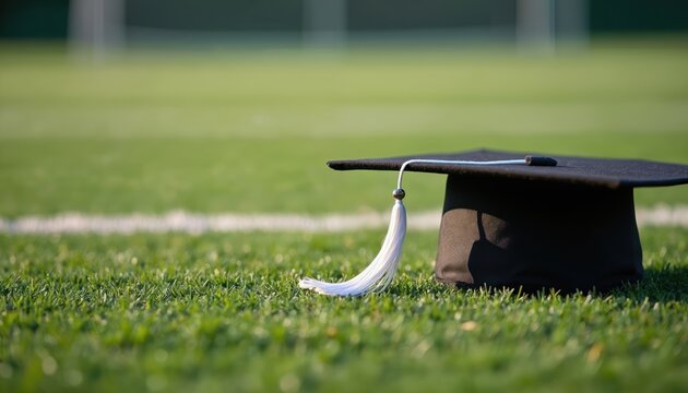 Graduation cap rests on a green sports field. The tassel hangs. Education learning concept. Symbol of achievement success. College university graduates are celebrating after exam.
