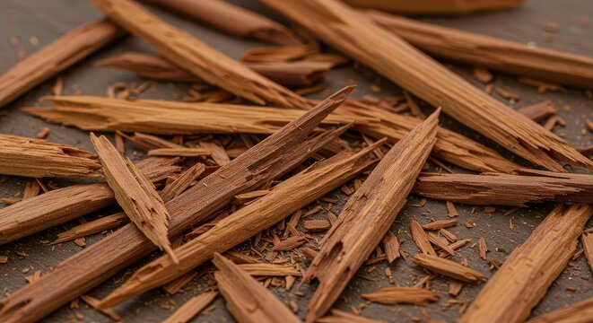 A detailed macro photograph capturing numerous sharp wood splinter fragments scattered randomly across a plain surface, illustrating breakage ,fragile ,pattern ,macro