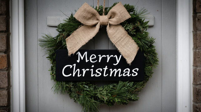 Classic merry christmas wreath with evergreen branches and a burlap bow hanging on a front door - Powered by Adobe