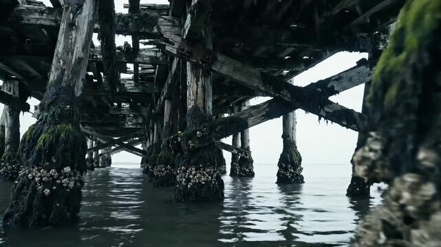 Underneath an old pier weathered wooden pilings covered in barnacles and moss at the waterline