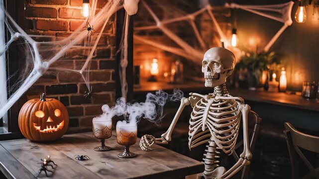 Cinematic Halloween Caf&eacute; Video with Skeleton, Jack-O&rsquo;-Lantern, and Smoky Cocktails in Amber Lighting