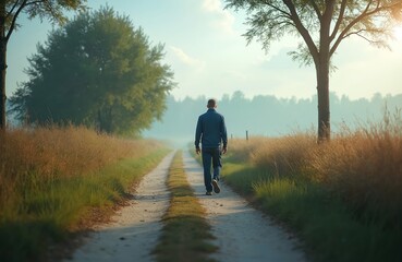Man walks on dirt road through dry grass and trees. Person travels on pathway in nature. Male on journey, exploring open country, moving forward toward horizon.