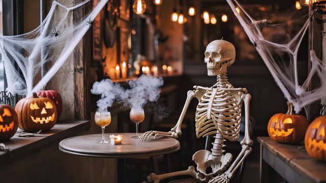 Cinematic Halloween Caf&eacute; Video with Skeleton, Jack-O&rsquo;-Lantern, and Smoky Cocktails in Amber Lighting