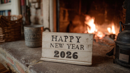 Cozy fireplace setting with a light wooden happy new year 2026 sign surrounded by soft candlelight and rustic stone textures