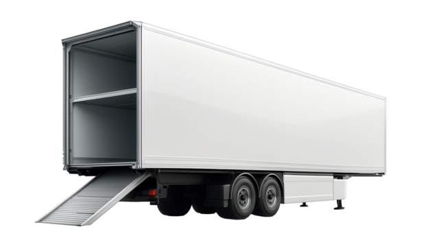 Isothermal double-deck semi-trailer with retractable ramp and side skirts.