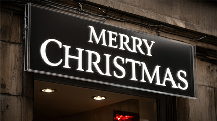 Obraz premium Illuminated merry christmas sign glowing above a storefront in a festive urban setting