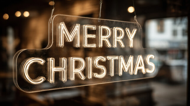 Glowing merry christmas glass sign hanging in a shop window with warm festive bokeh lights - Powered by Adobe