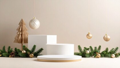 christmast background one colour and little decoration and podium. minimalist style