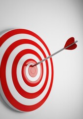A perfect bullseye shot on a red and white target, symbolizing accurate aim, marketing success, and achievement isolated on white ,white background ,marketing ,bullseye
