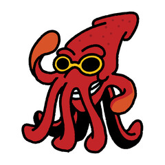 Obraz premium Cool red cartoon squid with shades, ready for summer adventures, beach vibes, marine life fun, ocean mascot, perfect for t-shirt designs and playful branding