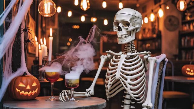 Cinematic Halloween Caf&eacute; Video with Skeleton, Jack-O&rsquo;-Lantern, and Smoky Cocktails in Amber Lighting